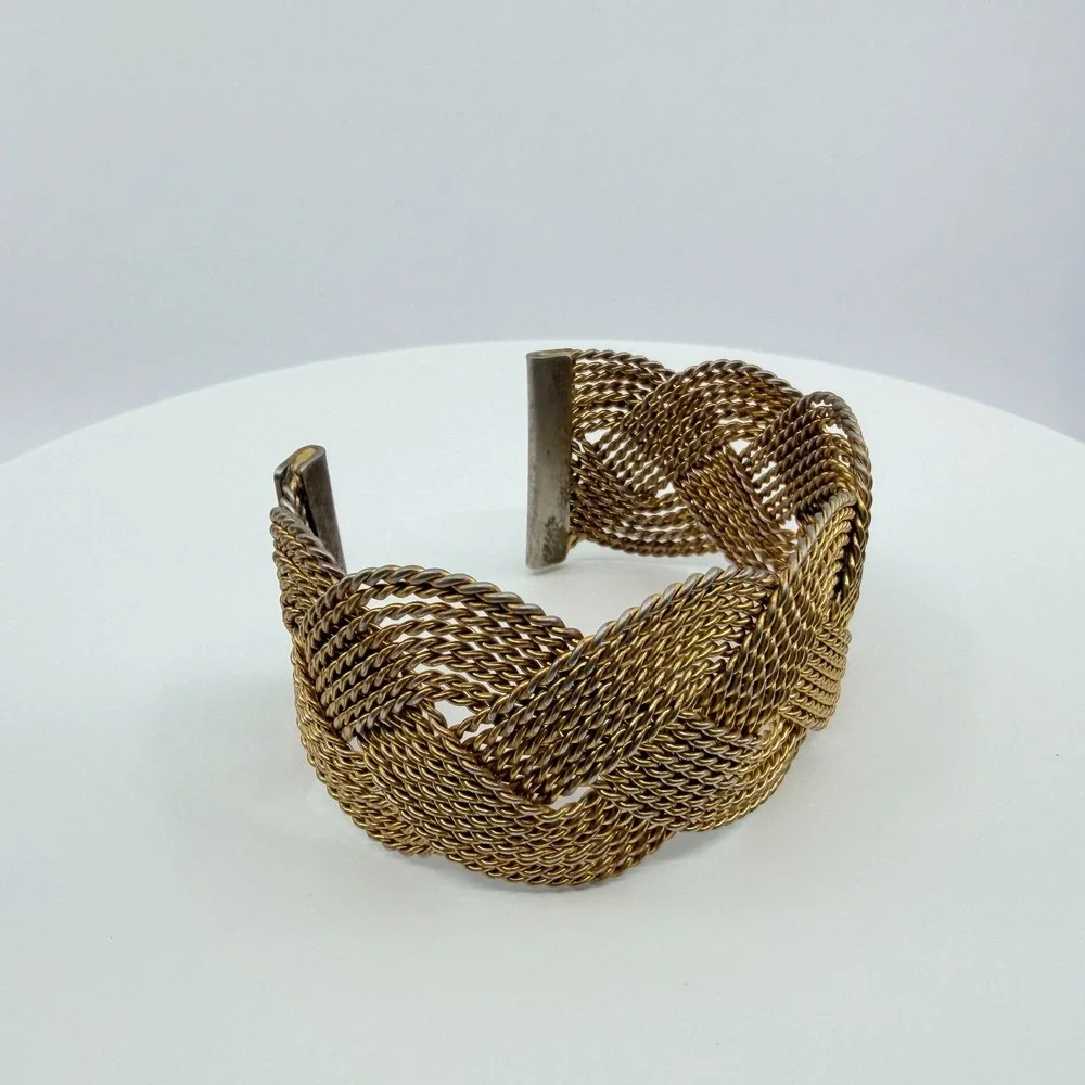 Vintage Gold Tone Braided Mesh Cuff‎ Bracelet Woven Knot Chunky Statement Boho
